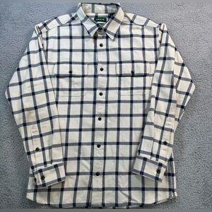 ORVIS Men's Flannel Cream Navy Plaid Long Sleeve Button-Up Active Fit Shirt Sz L